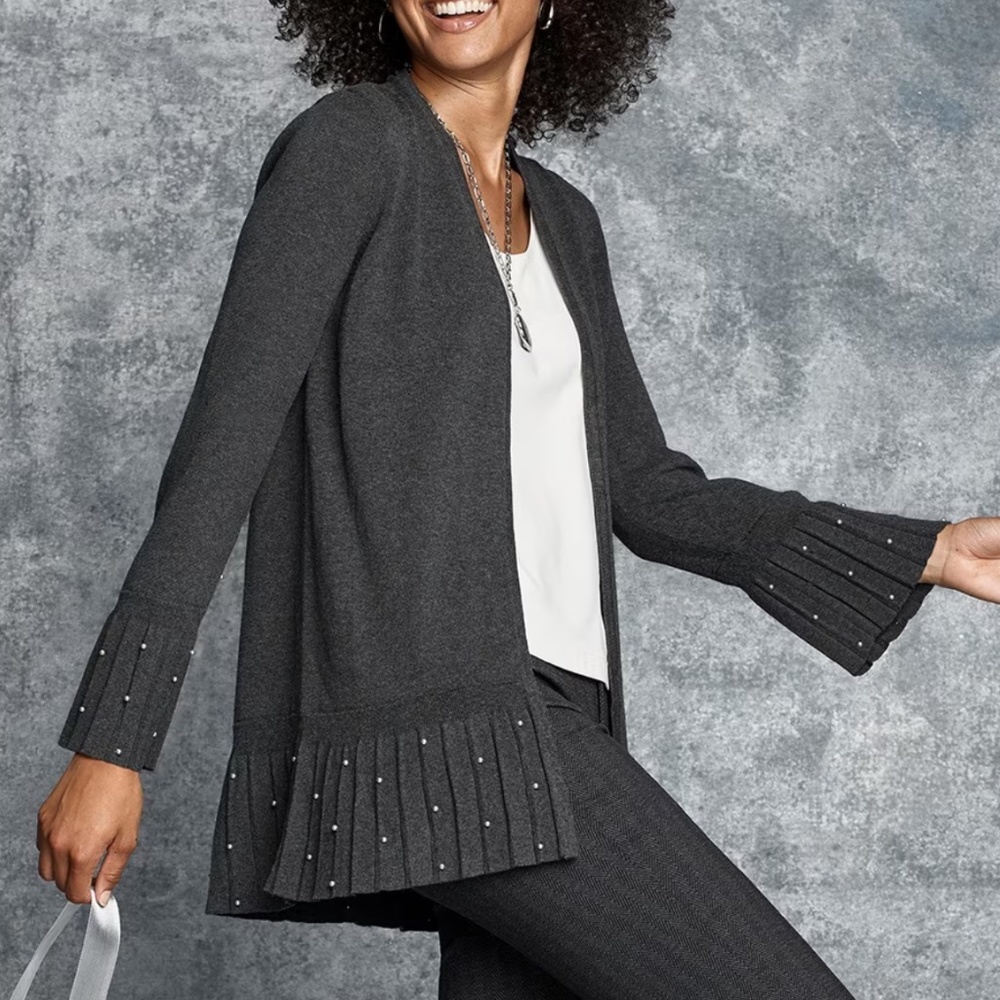 Chico’s Faux Pearl Pleated Cardigan in Charcoal sz 1 bust 36-37
